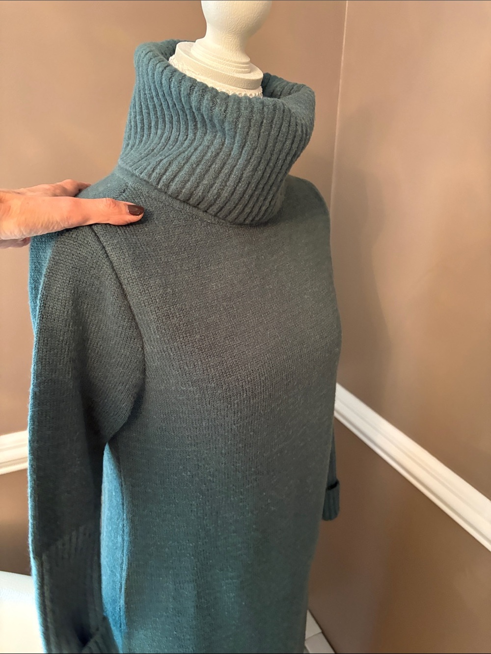 Turtleneck Longline Sweater Long - Teal - Picture 8 of 10